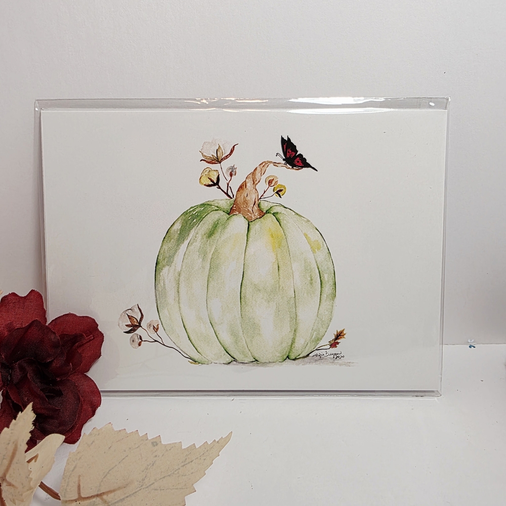 Green Pumpkin Watercolor Art Print by Angie Bryan - 5" x 7"